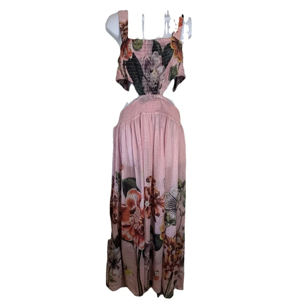 ANTHROPOLOGIE Piper Bandeau Cutout Maxi Dress in Pink Rose Motif‎ OB1570574 Larg